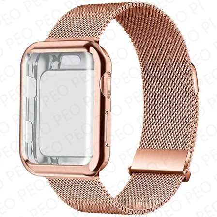 Milanese Loop+Fodral För Apple Watch Armband 45mm 44mm 38mm-42mm 41/40mm Metall Magnetiskt armband iwatch Serie 9 8 7 6 5 4 3 SE Rem