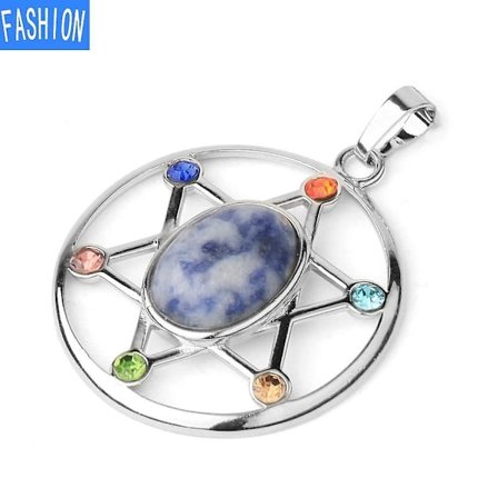 Europeisk och amerikansk Oval Davids Star Crystal Stone Seven Chakras Pendant med Diamond Amethyst Ne