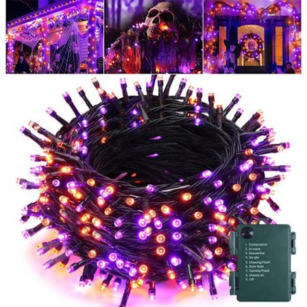 Halloween Lyskæde Violet og orange, 10m 100 LED Julelys Udendørs på Batteri 8 Tilstande Vandtæt til Fest Terrasse