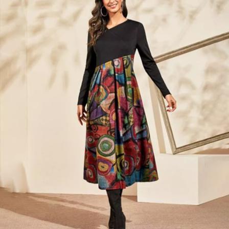 Kvinnor Vintage Maxiklänningar Sfloral Print Swing V Neck Lång Klänning