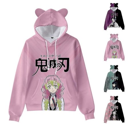 Unisex Demon Slayer trykte hættetrøjer sweatshirt Casual Pullover Katteøre Hættetrøje Toppe Rosa Pink-FA-