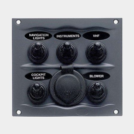 Schaltpaneel / Sicherungspaneel BEP Marine, 12 V (20 A) / 24 V (10 A), 5 Schalter, mit Flachsicherungen + Zigarettenanzünderbuchse 12 V (16 A) - Boot