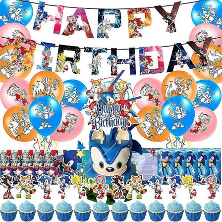 Sonic The Hedgehog -syntymäpäiväjuhlien banneri, ilmapallot, kakunkoriste, kutsukortti, koristelusetti