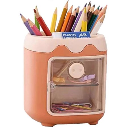 Pennställ Pennskrin med Låda för Barn, Kosmetisk Sminkborsthållare för Sminkbord, Söt Pennställ med Grisnos (Orange)
