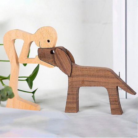 Ornament Hund Og Mand Udskåret Træskulptur Dekor Udsøgte Bordpynt