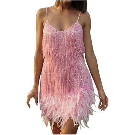 Cocktailkjoler for kvinner, sexy dyp V-hals, full av frynser, spaghettistropper, kjole med paljetter og fjær for ball