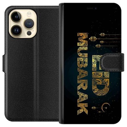 Yhteensopiva Lompakkokotelo Apple iPhone 14 Pro Max Kultainen ramadan-aiheinen motiivi, jossa on koristeellista typografiaa, lyhtyjä, puolikuu ja täht