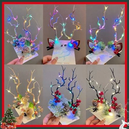 LED Light Up Glow Reindeer Antler Branches Berry Headband Hair Clips Girl Holiday Costume Wedding Decoration Christmas