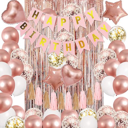 Katea Roséguld Födelsedagsfest Dekorationsset, Konfettifolie Roséguld Ballonger Grattis På Födelsedagen Banderoll Tofsar Metallisk Fransgardiner 30:e 