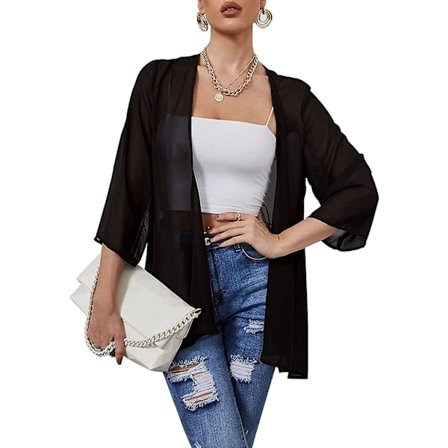 Kimonokoftor i chiffong för kvinnor, öppen framsida Beach Cover Ups Skirt löst Casual