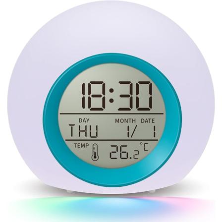 Lasten herätyskello, 7 väriä yövalo, torkku, lämpötilan tunnistus, taaperoille, lapsille pojille ja tytöille, opiskelijoille heräämiseen 