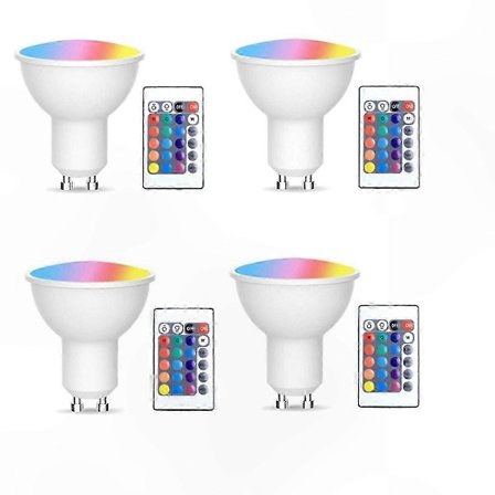 4-pakning GU10 LED-pærer med fjernkontroll, 17 fargevalg og 4 dynamiske moduser, minnefunksjon for justerbar spotbelysning (FMY)