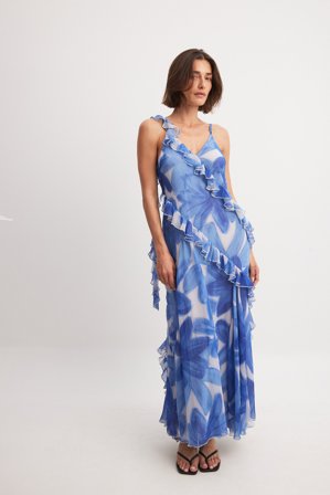 NA-KD Robe longue volantée en mousseline - Robes en Mousseline - Bleu/Floral - EU 32