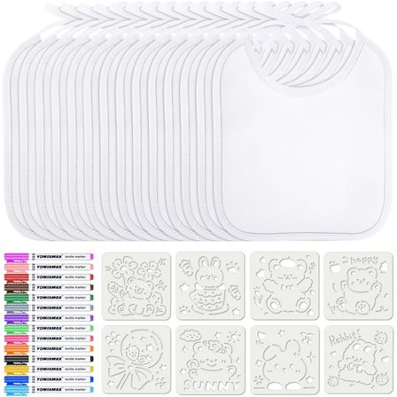 Baby hagesmæk hvid til at male på, 14 stk. personlige babyhagesmække, 14 stk. tekstiltusser med 8 stencils, malehagesmække til nyfødt babyshower pige 