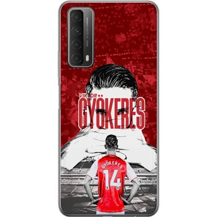 Yhteensopiva Puhelinkuori Huawei P smart 2021 Punainen dramaattinen kollaasikuva, jossa esiintyy Viktor Gyökeresin muotokuva ja pelaajia takaapäin are