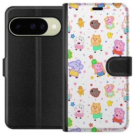 Kompatibelt Lommeboketui til Google Pixel 10 Fargerike tegneserie dyrekarakterer i en leken stil med stjerner og prikker på en lys bakgrunn