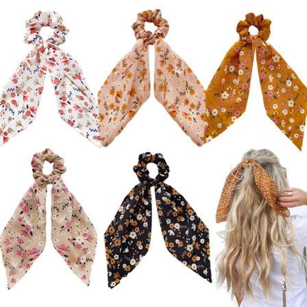 Blomsterhårpynt Sæt - 5 Chiffon Scrunchies Sløjfe Hårbøjler Elastiske Hårbånd til Kvinder Piger