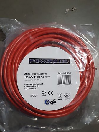 POWERIZED SKJØTELEDNING 25M 3X1,5RØD INNENDØRS H05VV-F