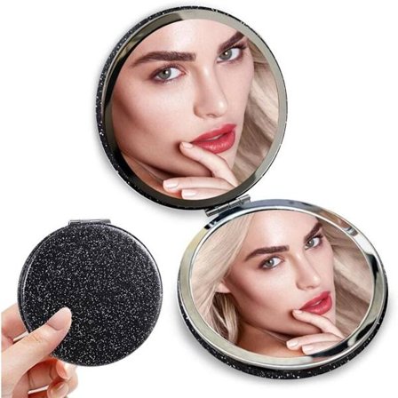 2-pak (Sort) Blinkende Makeup Spejle - 1x/2x Forstørrelse - Rundt Håndholdt Spejl - Lommespejl - Lille Rejse Makeup Spejl - 7.2*7.2*1cm