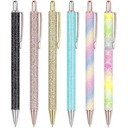 6 Pcs Ballpoint Pens, Glitter Rose Gold Click Ball Pens, Metal Retractable Pen, Black Ink Medium Point 1mm, Gifts And Office Supplies