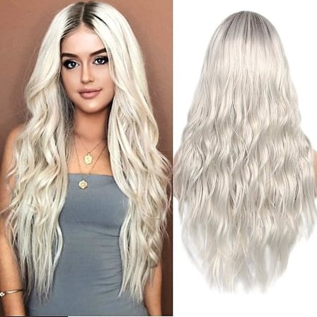 Realistinen platinablondi kihara aaltoileva peruukki tummilla juurilla Ombre Heat