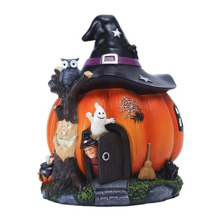 Nork Pumpkin House Staty Med Häxhatt, Halloween Resin Orna