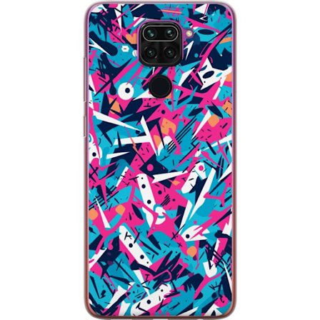 Yhteensopiva Puhelinkuori Xiaomi Redmi Note 9 Dynaaminen abstrakti kuvio terävillä muodoilla ja sivellintöyhdöillä vaaleanpunaisessa ja turkoosis