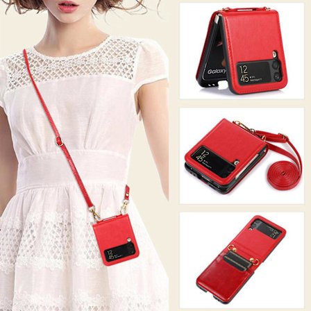 Nahkainen lompakkokotelo korttipaikoilla Yhteensopiva Samsung Galaxy Z Flip 4:n kanssa säädettävällä crossbody-hihnalla