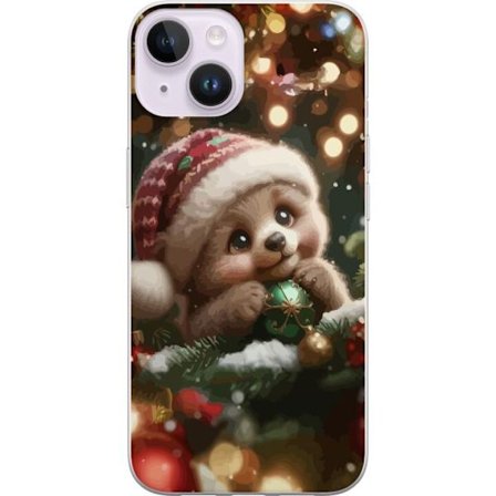 Apple iPhone 14 Plus Gennemsigtig cover Sød julebjørn med hat, der holder kugler