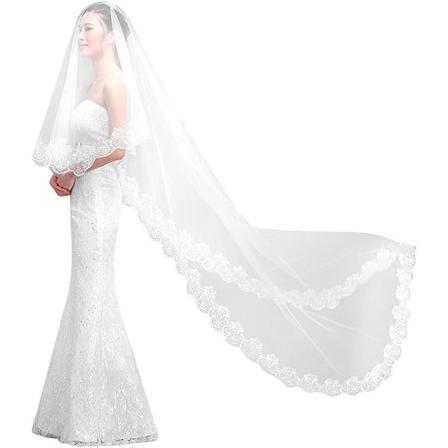 Brudeslør med blonderkanter Bølge Bryllupsslør 5 meter langt Elegant Vakkert Hvit Brudeslør Bryllupstilbehør Prinsesse Tyll Katedral Seremoni
