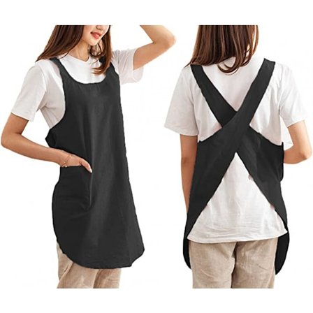 Køkkenforklæde Bomuld Kryds Ryg Forklæde Ensfarvet Madlavning Køkken Have Røg Damer og Piger med Lommer - Sort