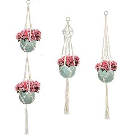Macramé Plantepotte, Macramé Planteophæng, Macramé Hængepotte med 3 stk. Kroge til Indendørs/Udendørs, Brug til Loft/Balkon/Vægdekoration (3 stk.)