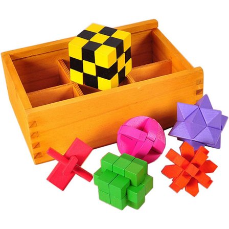 6 st träpussel, hjärnpusselspel, 3D IQ-pussel M