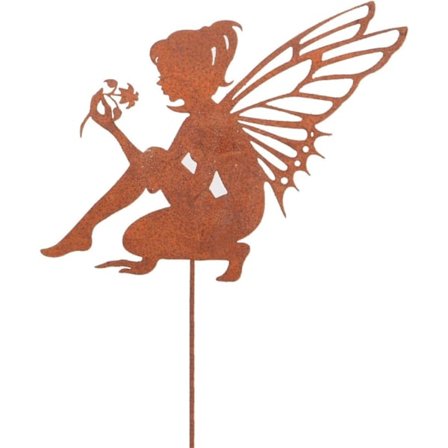 Rusten Metal Fe Statuette, Havestake, Dekorativ Figur, Siddende Alf på Pind, 29x24cm (Lille) Blomsterdekoration