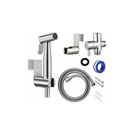 Komplett toalett handduschset, svart med borstad silver slang