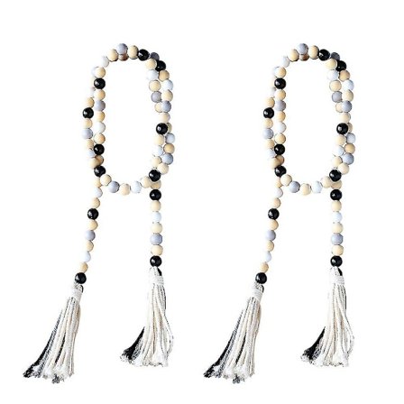 2 st. Träpärlor Krans med Trasa - Lanthus Stil Rustik Bönegarn Dekoration Boho Lagerbricka Dekoration (svart+vit)
