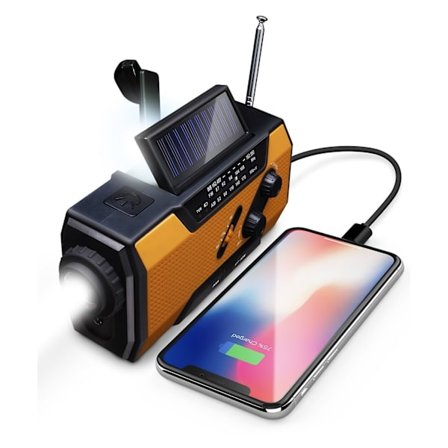 Nödladdare med solceller och vev, väderradio, 2000 mAh, powerbank, ficklampa