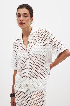 NA-KD Trend Hole Knitted Buttoned Short Sleeve Sweater - Skjortor - Vit - XS