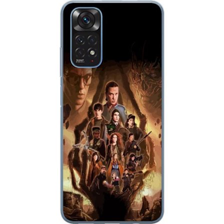Yhteensopiva Puhelinkuori Xiaomi Redmi Note 11 Ryhmäpotretti Stranger Thingsin sankareista, joissa on tumma fantasiaympäristö ja uhkaava olento tau
