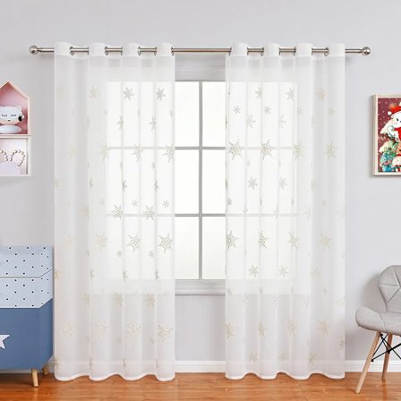 Jul snöflinga gardiner set med 2 genomskinliga voile gardiner med genomföringar för vardagsrums sovrum dekoration, 100x250cm vit
