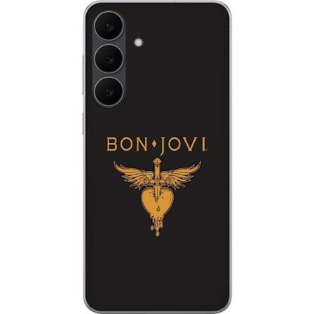 Kompatibelt Mobilskal till Samsung Galaxy S25 FE Ikonisk musikillustration med bevingat hjärta och dolk i guldtoner på mörk bakgrund, kraftfull och