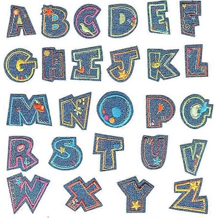 Fargerike denim stryke-lapp bokstaver 26 stk A-Z bokstavlapp dyreform DIY mønster stryke- eller sy-lapp denimjakke ryggsekk applikasjon