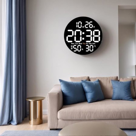 25,5 cm LED Digital Vægur Radiostyret Letlæseligt Moderne Lydløs Temperatur Dekoration Soveværelse Stue Kontor Sort