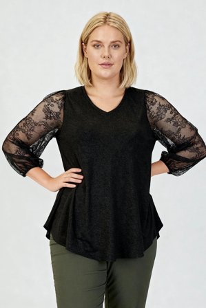 CISO - 3/4 Ærmet Bluse - Sort - Blonder