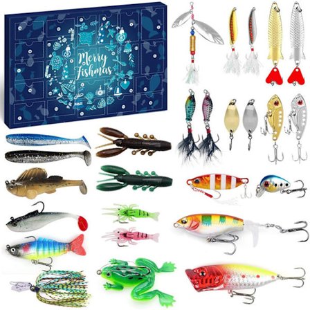 Julekalender til Fiske 2024 - Fiske Agnsæt, Fiskeudstyr til Voksne Mænd Drenge, Fisketilbehør (24 stk)