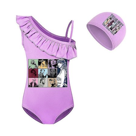 7-14 år Taylor Swift The Eras Tour badedragt badedragt med badehætte en skulder flæse badedragt til strand pool børn piger