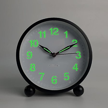 Stille vekkerklokke - Tikkeløs analog vekkerklokke med varmt lys - Minimalistisk rund svart