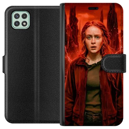 Kompatibelt Plånboksfodral till Samsung Samsung Galaxy A22 5G Porträtt av en ung kvinna med rött hår i en apokalyptisk landskap, röda blixtar och