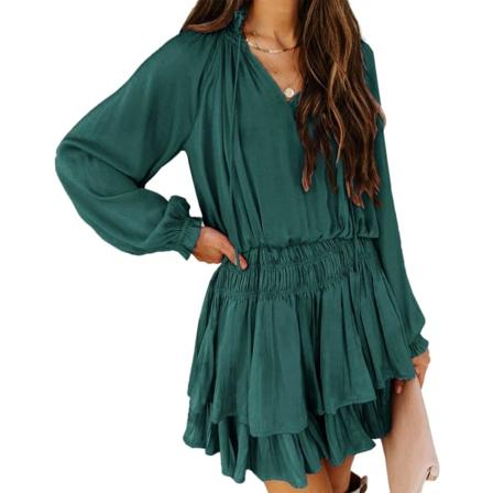 ivimos Dam bomull långärmad V-ringad lagerruffles plisserad swing miniklänning Teal Small