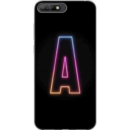 Kompatibel Mobilcover til Huawei Huawei Y6 (2018) Minimalistisk neonbogstav A i regnbuefarvet lys mod sort baggrund i moderne typografisk stil